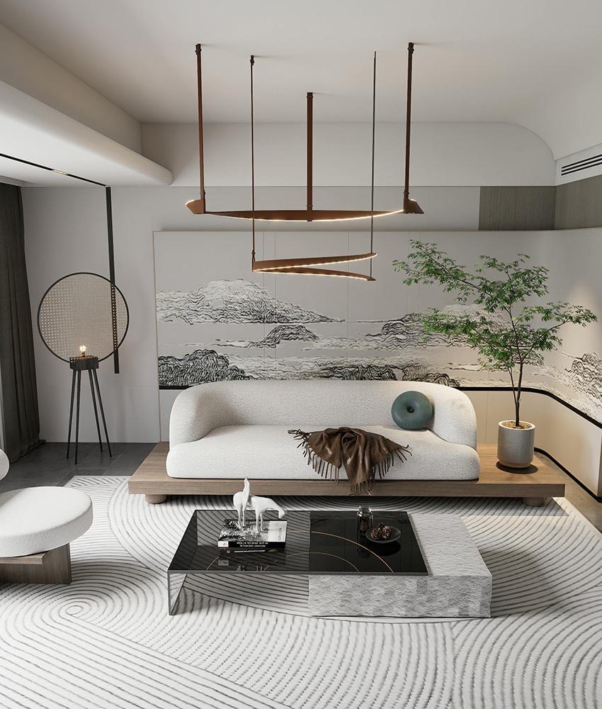 Modern high-rise residential interior with skyline-inspired atmosphere